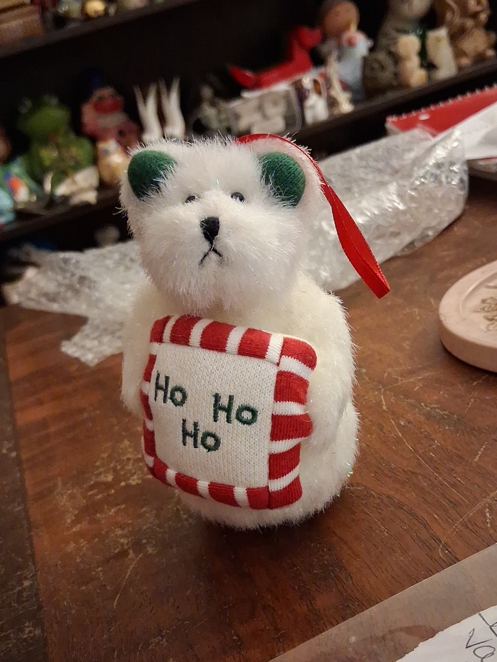 White Plush Holiday Bear Ornament with 'Ho Ho Ho' Pillow